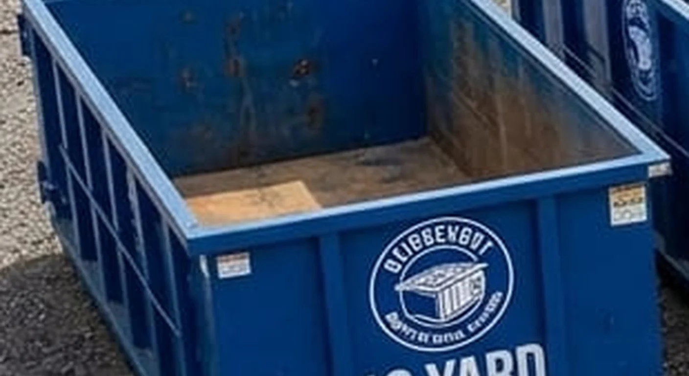A clean, correctly-labeled 10 yard Bridgeport Dumpster Rental Solutions roll-off container staged at the company yard, part of a five-container size lineup