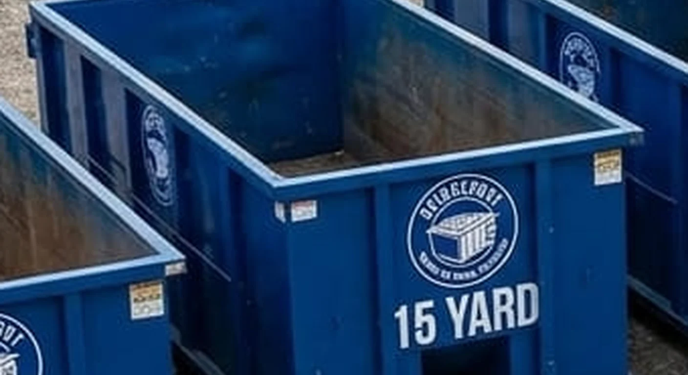 A clean, correctly-labeled 15 yard Bridgeport Dumpster Rental Solutions roll-off container staged at the company yard, part of a five-container size lineup