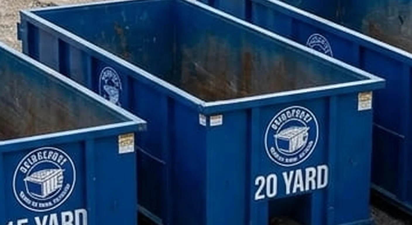 A clean, correctly-labeled 20 yard Bridgeport Dumpster Rental Solutions roll-off container staged at the company yard, part of a five-container size lineup