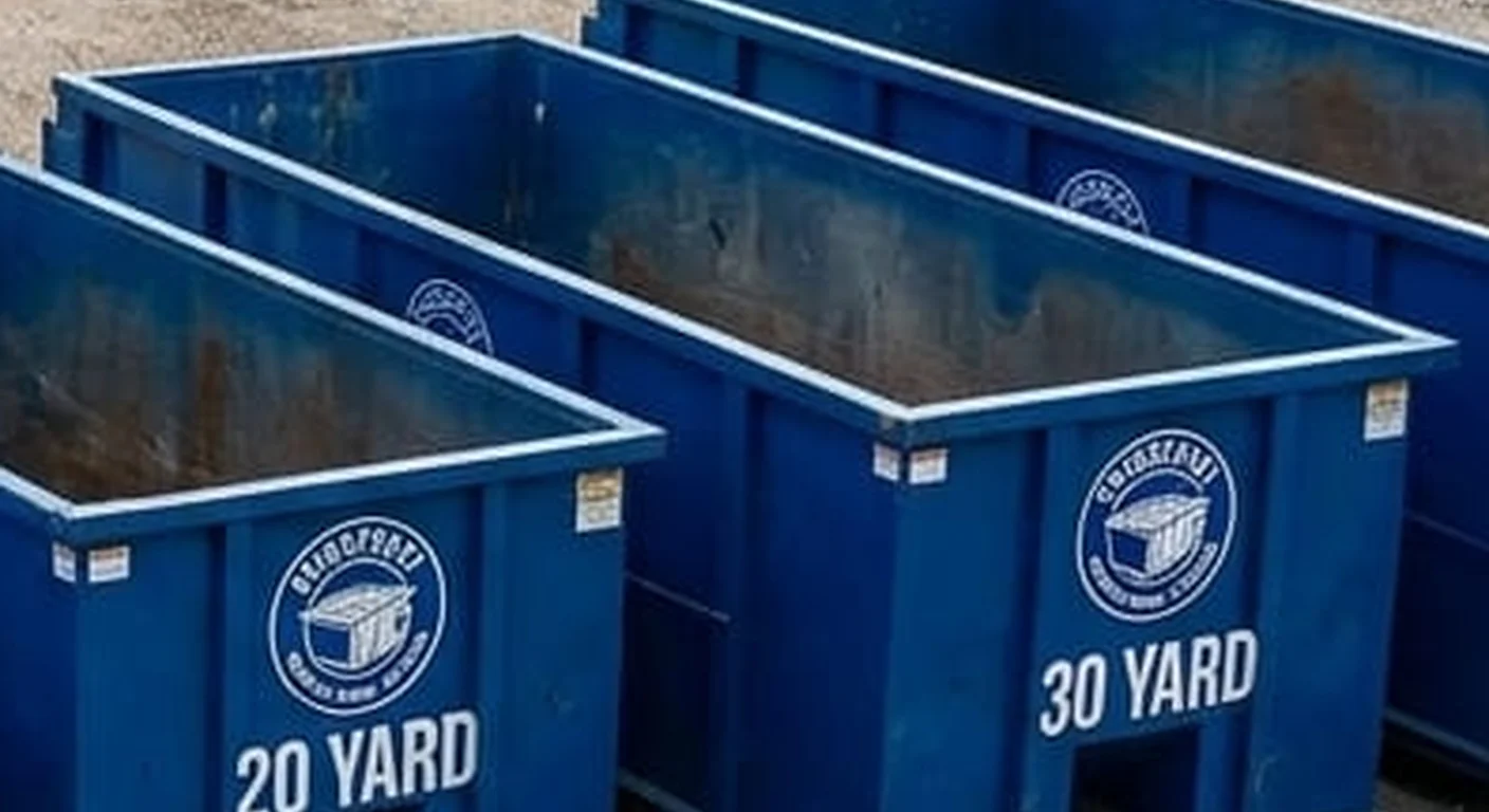 A clean, correctly-labeled 30 yard Bridgeport Dumpster Rental Solutions roll-off container staged at the company yard, part of a five-container size lineup