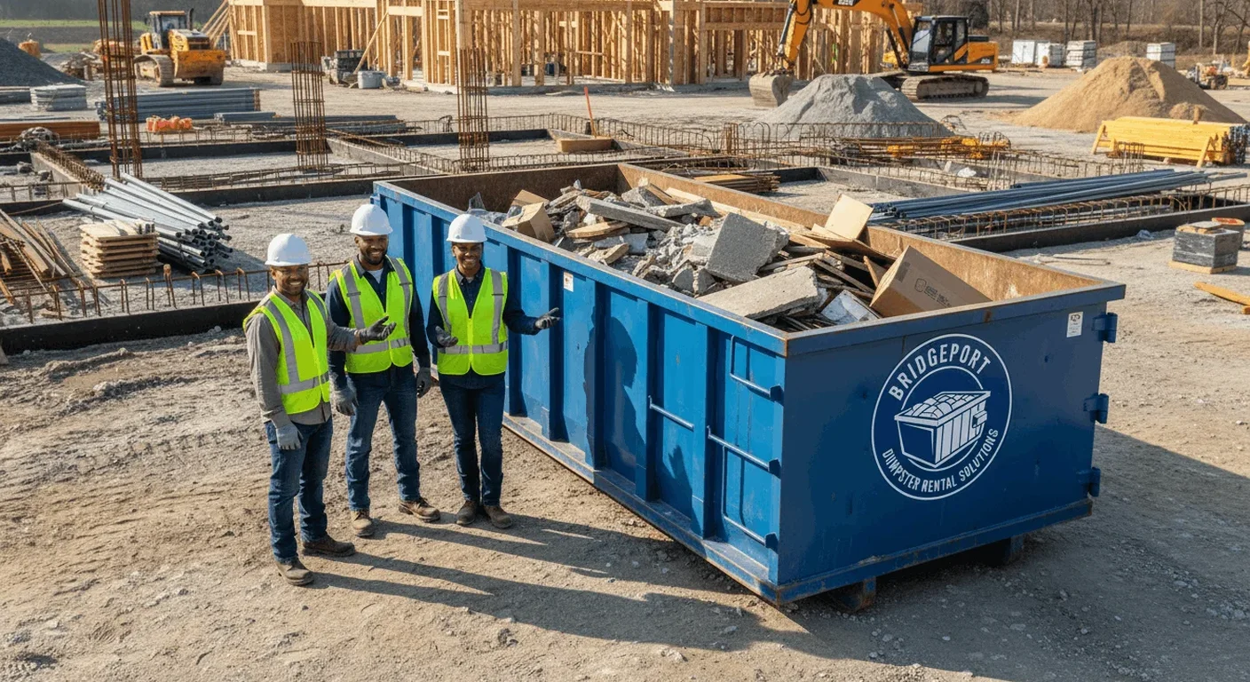 A Bridgeport Dumpster Rental Solutions blue dumpster truck delivering a roll-off container to a new-construction job site