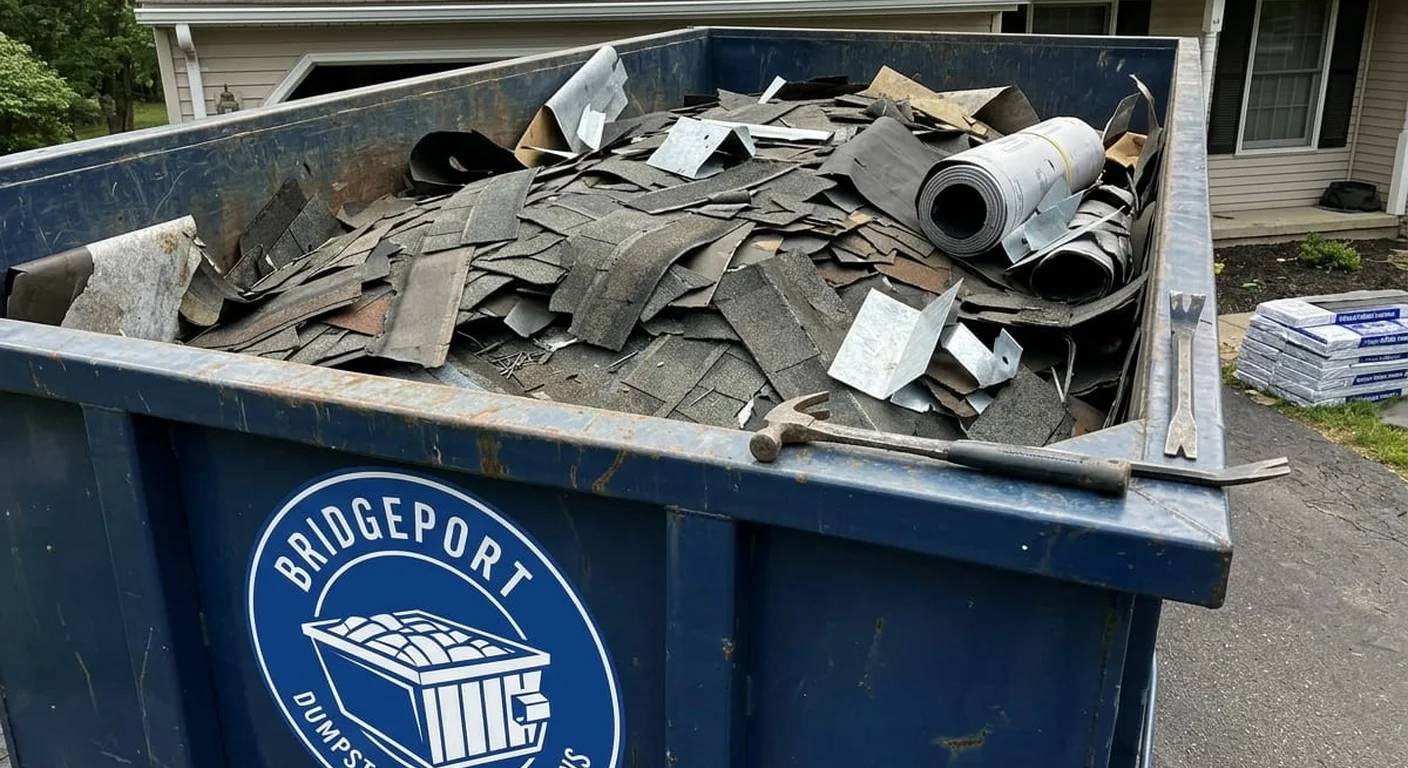 A Bridgeport Dumpster Rental Solutions dumpster filled with real roofing tear-off debris in front of a home