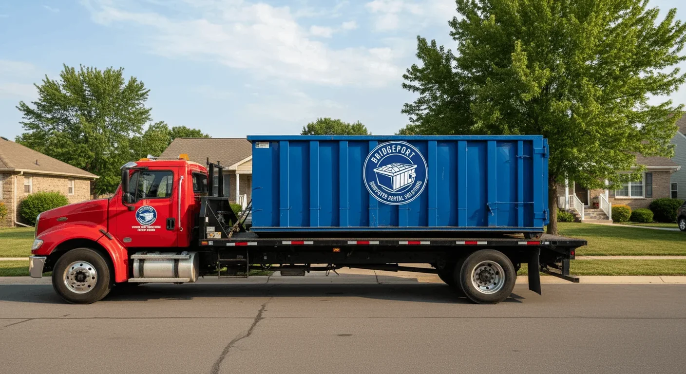 A Bridgeport Dumpster Rental Solutions driver smiling from the cab of a delivery truck at the company yard
