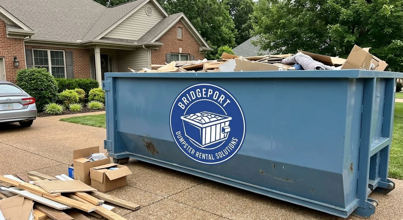Bridgeport Dumpster Rental Solutions blue roll-off dumpster loaded with renovation debris on a residential driveway