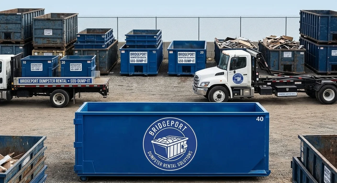 The Bridgeport Dumpster Rental Solutions yard, with rows of blue roll-off containers and delivery trucks staged behind the fence