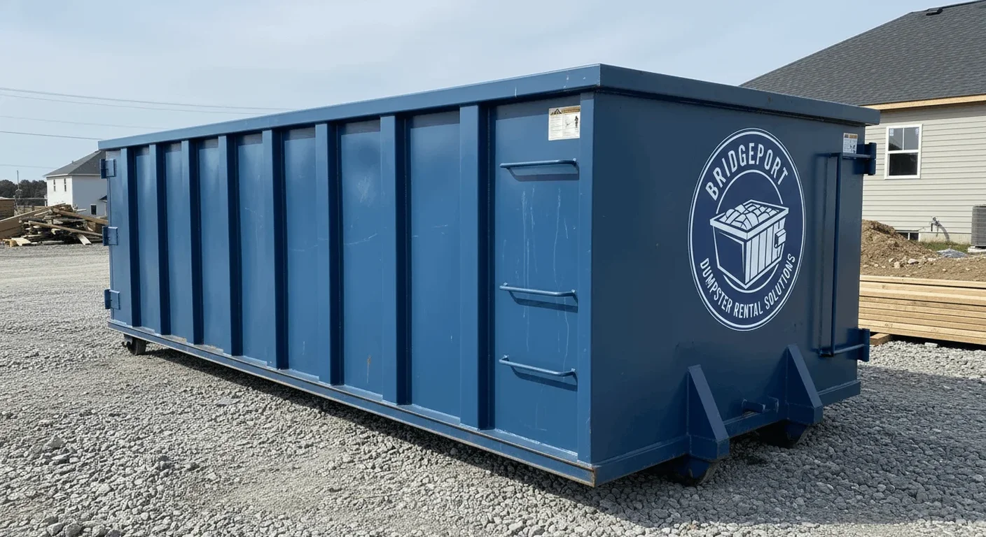 A loaded Bridgeport Dumpster Rental Solutions dumpster delivered for an estate cleanout project on a residential driveway
