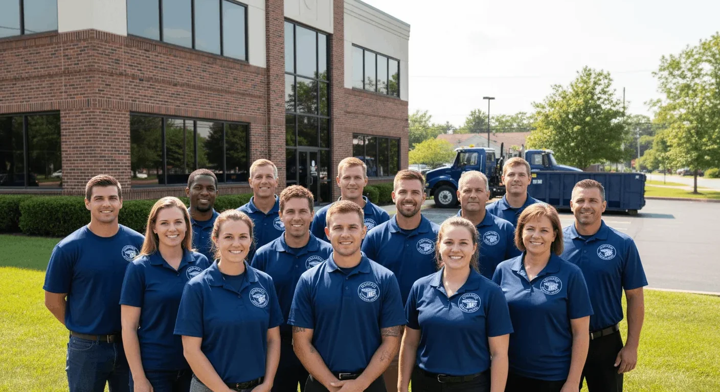The Bridgeport Dumpster Rental Solutions crew at their harborside yard, with the branded building sign, containers and delivery trucks visible behind them