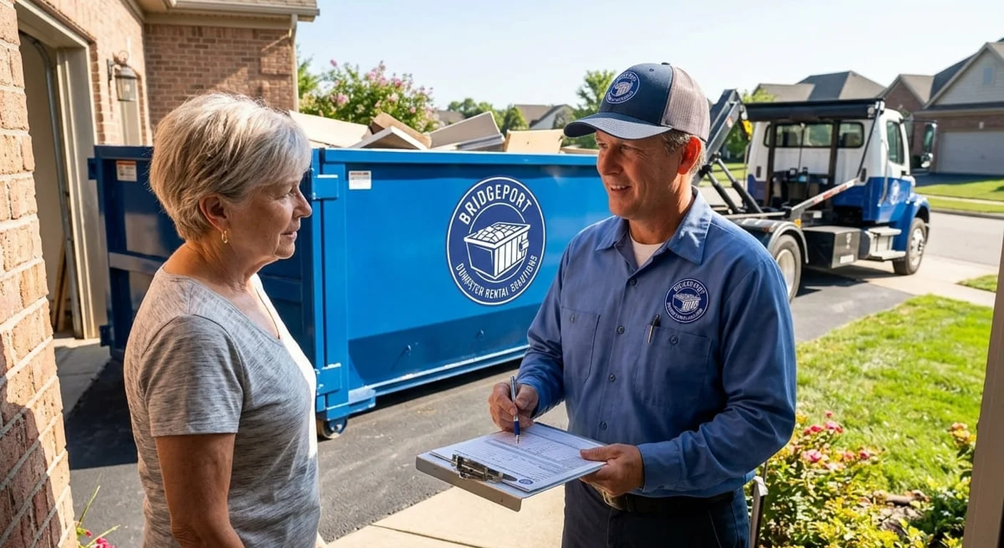 A Bridgeport Dumpster Rental Solutions driver reviewing paperwork with a homeowner beside a delivered dumpster during a junk-removal job