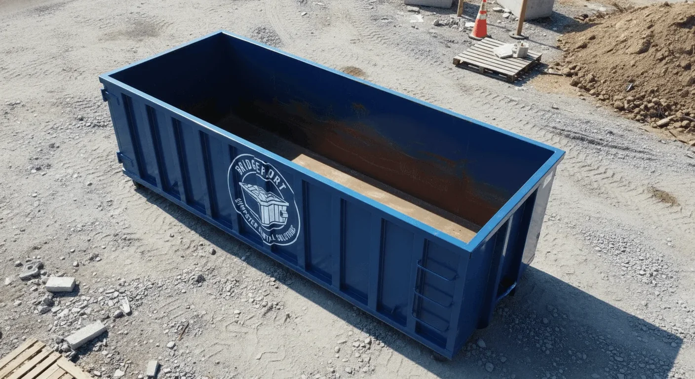 A Bridgeport Dumpster Rental Solutions dumpster delivered to a residential driveway in Fairfield, CT for a home cleanout project