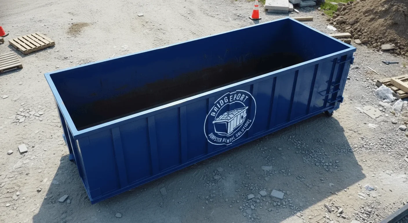 A Bridgeport Dumpster Rental Solutions roll-off dumpster staged and ready for drop-off in Trumbull, CT