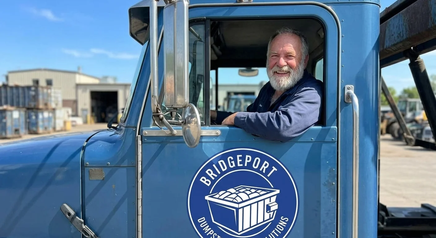 A Bridgeport Dumpster Rental Solutions driver smiling from the cab of a delivery truck, ready to head out for a same-day delivery
