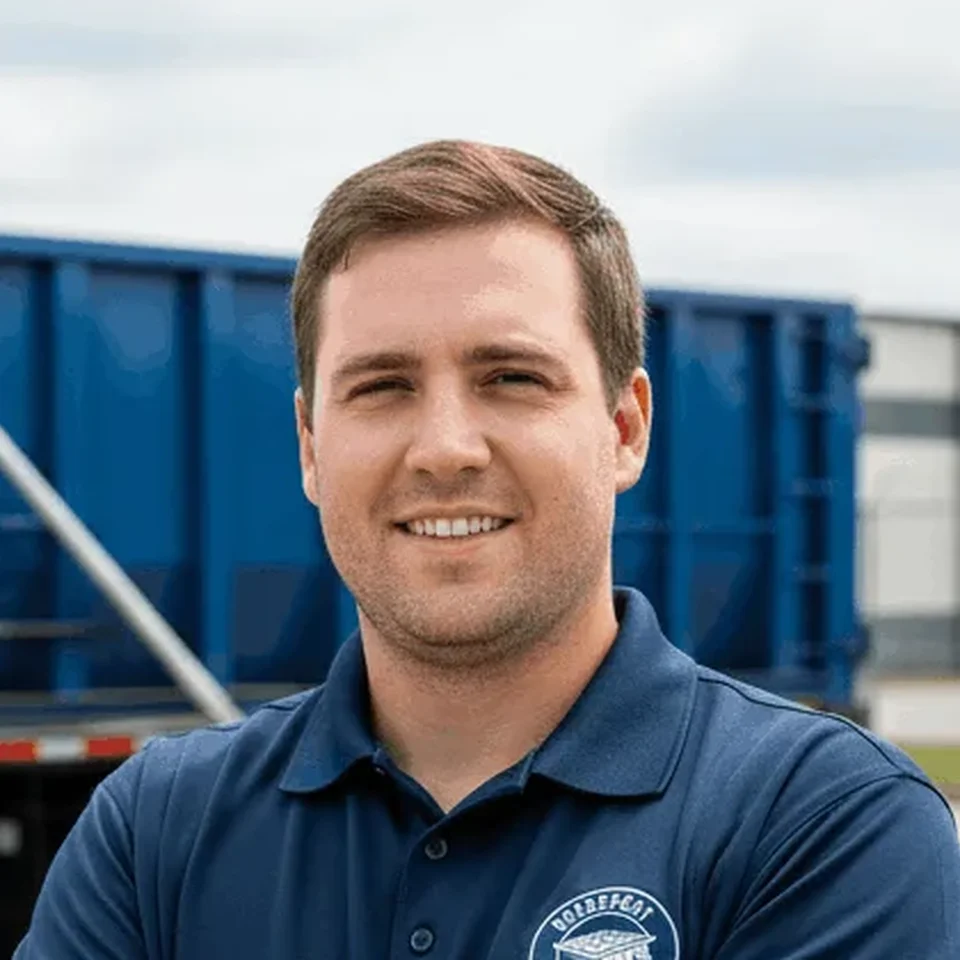 Jake Coelho, Lead Driver at Bridgeport Dumpster Rental Solutions, standing in front of a company roll-off truck