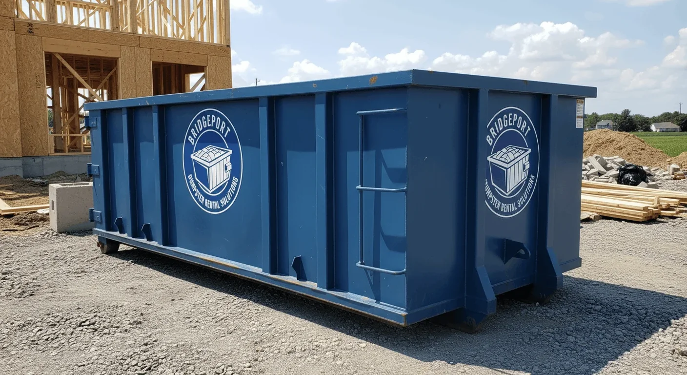 A Bridgeport Dumpster Rental Solutions dumpster staged on a residential driveway, ready for a yard-waste and seasonal cleanup